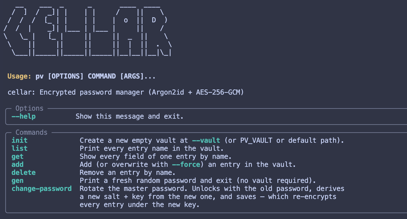 Cellar CLI showing the help banner and available commands
